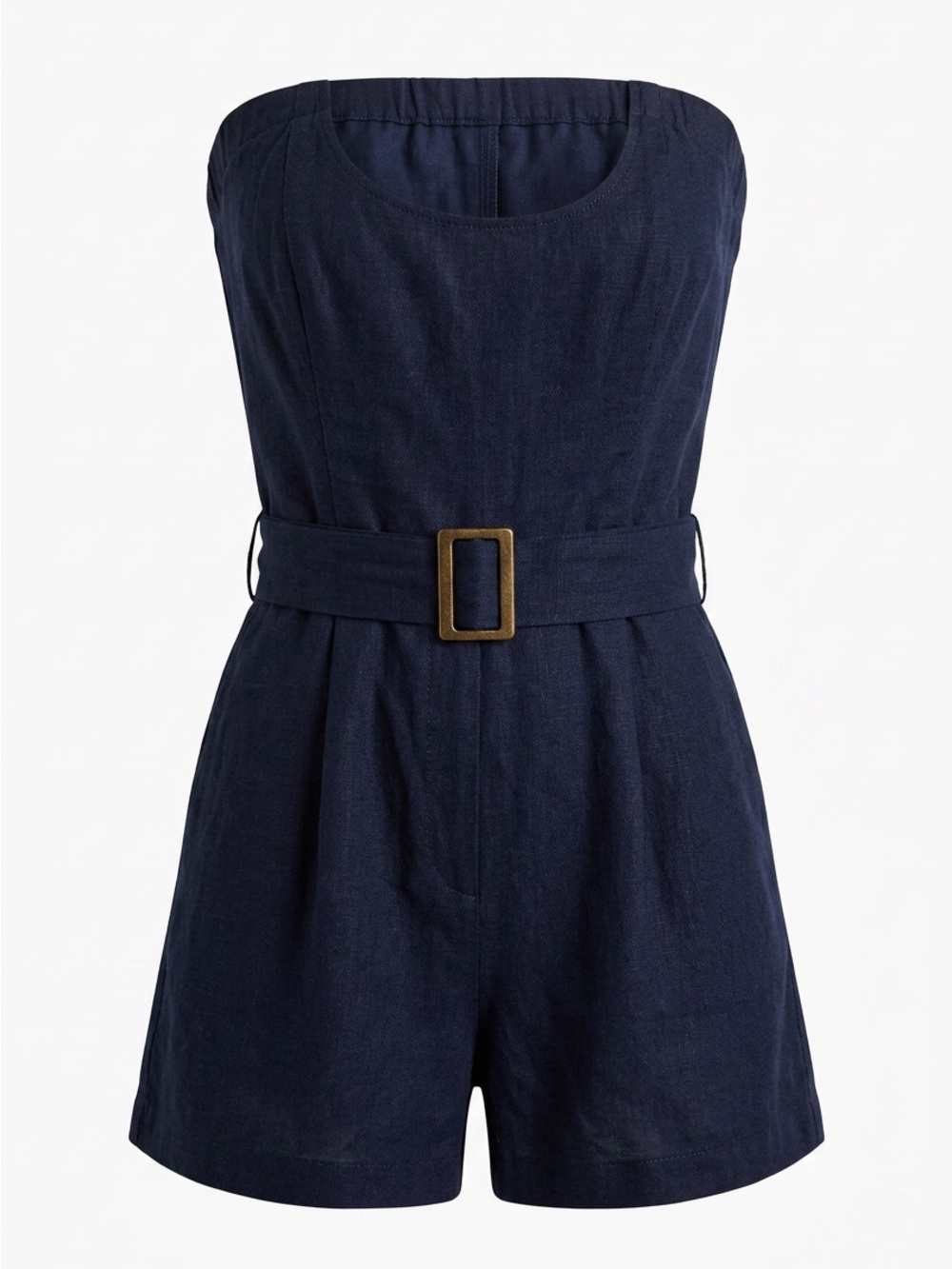 Monteau Los Angeles Strapless Navy Belted Romper Linen Blend Shorts - Picture 3 of 8